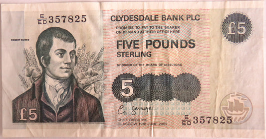 2002 Clydesdale Bank Plc £5 Five Pound Banknote
