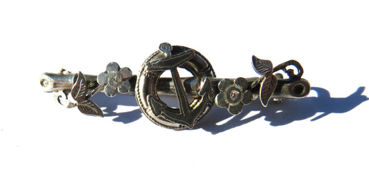 Antique Victorian Sterling Silver Anchor & Floral Brooch Hallmarked Chester 1896