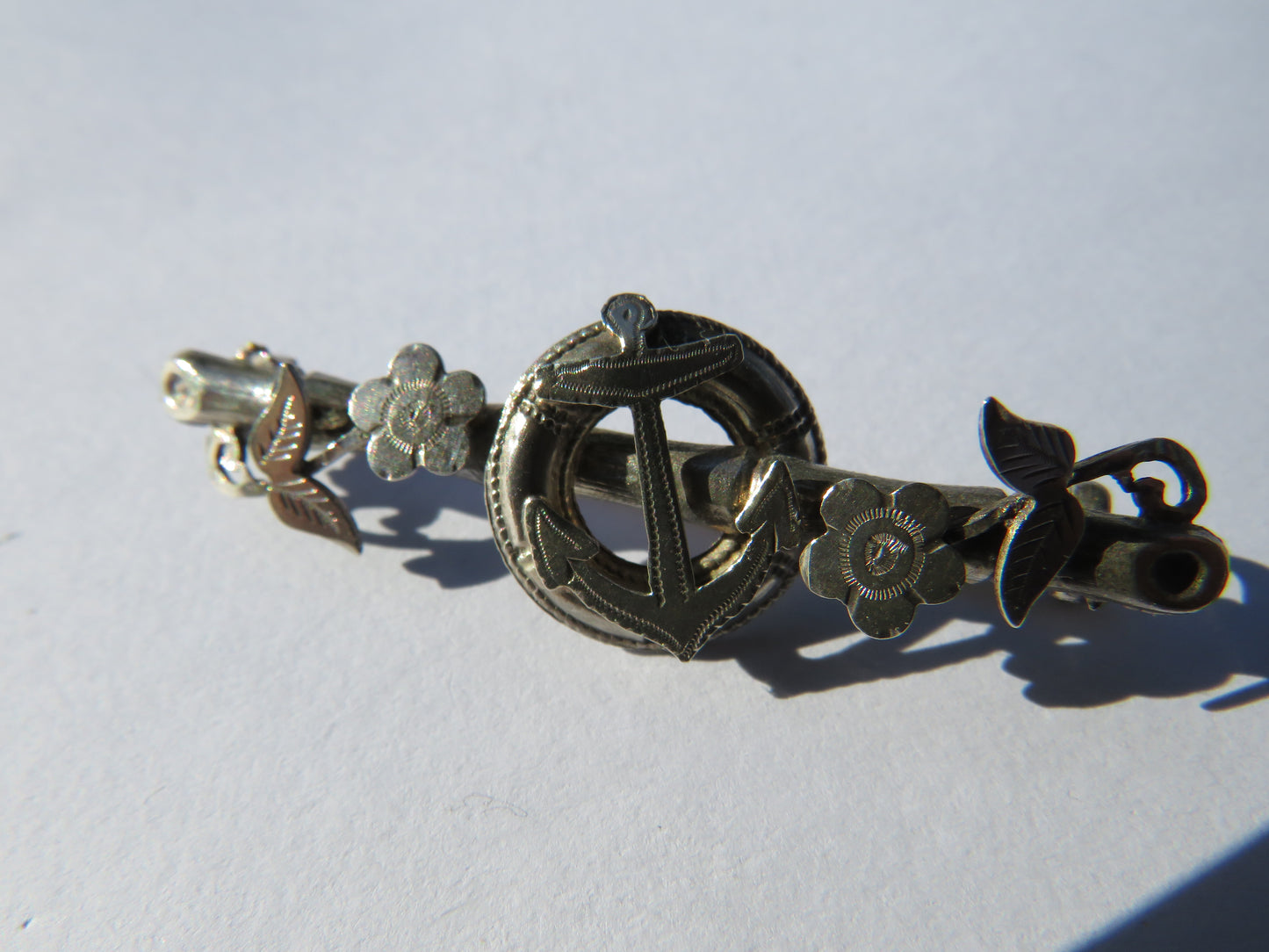 Antique Victorian Sterling Silver Anchor & Floral Brooch Hallmarked Chester 1896