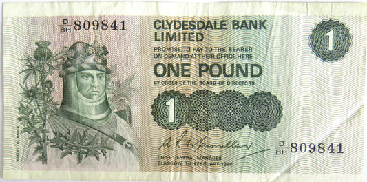 1980 Clydesdale Bank Limited £1 One Pound Banknote