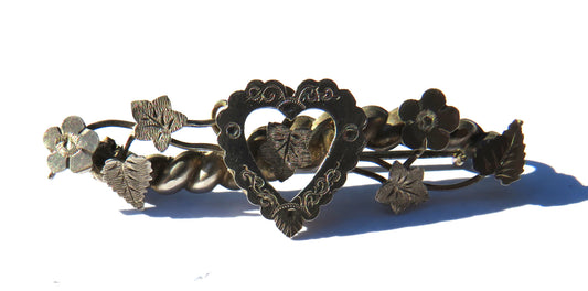 Antique Victorian Sterling Silver Floral & Heart Design Brooch Hallmarked Chester 1898