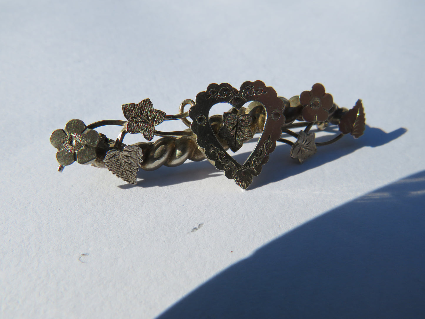 Antique Victorian Sterling Silver Floral & Heart Design Brooch Hallmarked Chester 1898