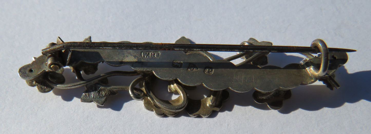 Antique Victorian Sterling Silver Floral & Heart Design Brooch Hallmarked Chester 1898
