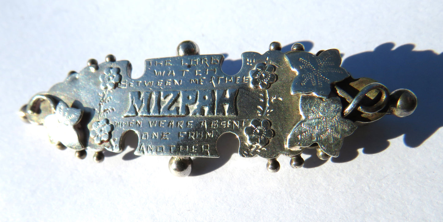 Antique Victorian Sterling Silver "Mizpah" Floral Brooch Hallmarked Birmingham 1897