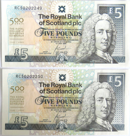 2005 The Royal Bank of Scotland Consecutive £5 Notes The Royal College of Surgeons