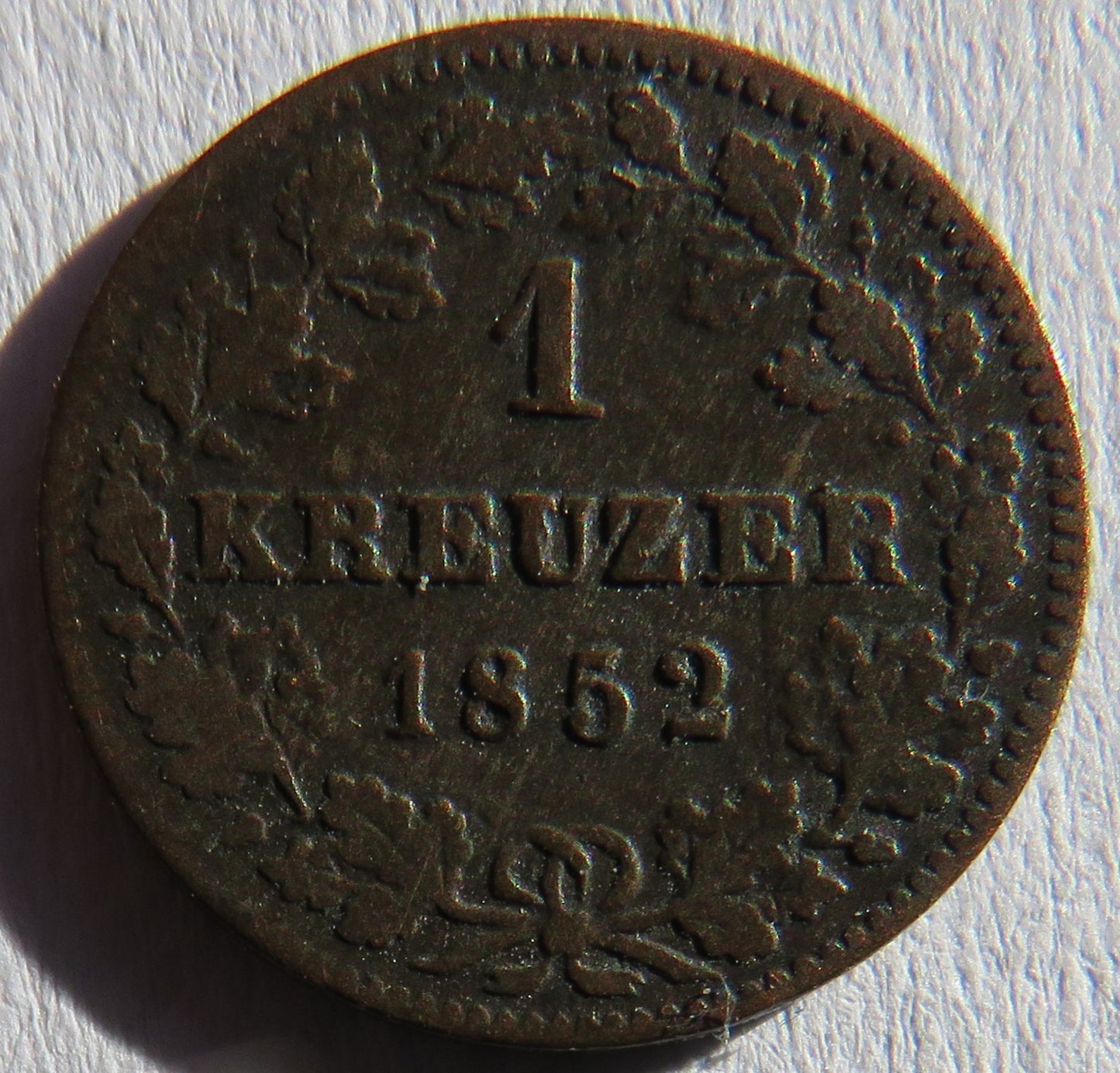 1852 German States Bavaria One Kreuzer Coin