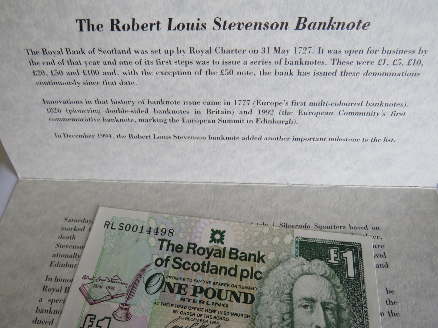 1994 The Royal Bank of Scotland Plc £1 One Pound Note Robert Louis Stevenson