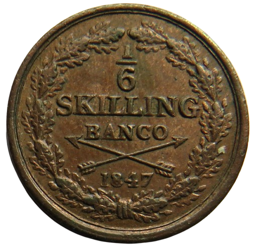 1847 Sweden 1/6 Skilling Coin In Higher Grade