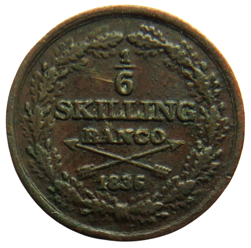 1836 Sweden 1/6 Skilling Coin