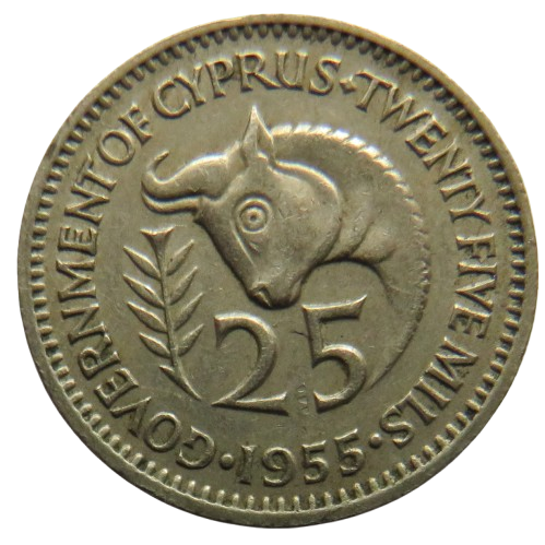 1955 Queen Elizabeth II Cyprus 25 Mils Coin