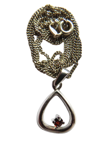 Styling Ladies Sterling Silver Necklace & Pendant with Small Red Stone
