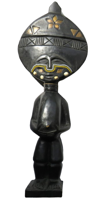 African Carved Wooden Ashanti Akuaba Female Fertility Doll Brass , Bead, Shell Inlay