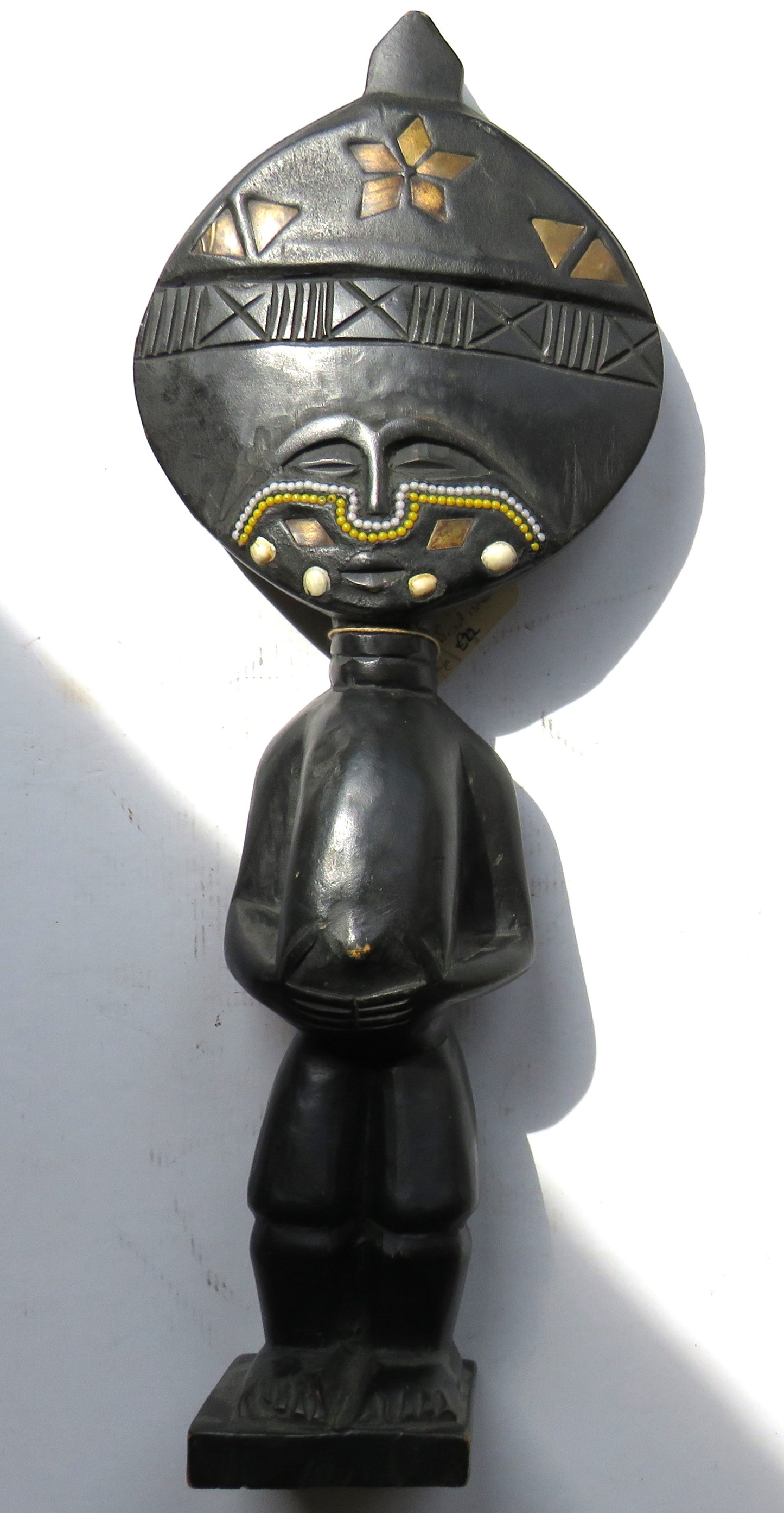 African Carved Wooden Ashanti Akuaba Female Fertility Doll Brass , Bead, Shell Inlay