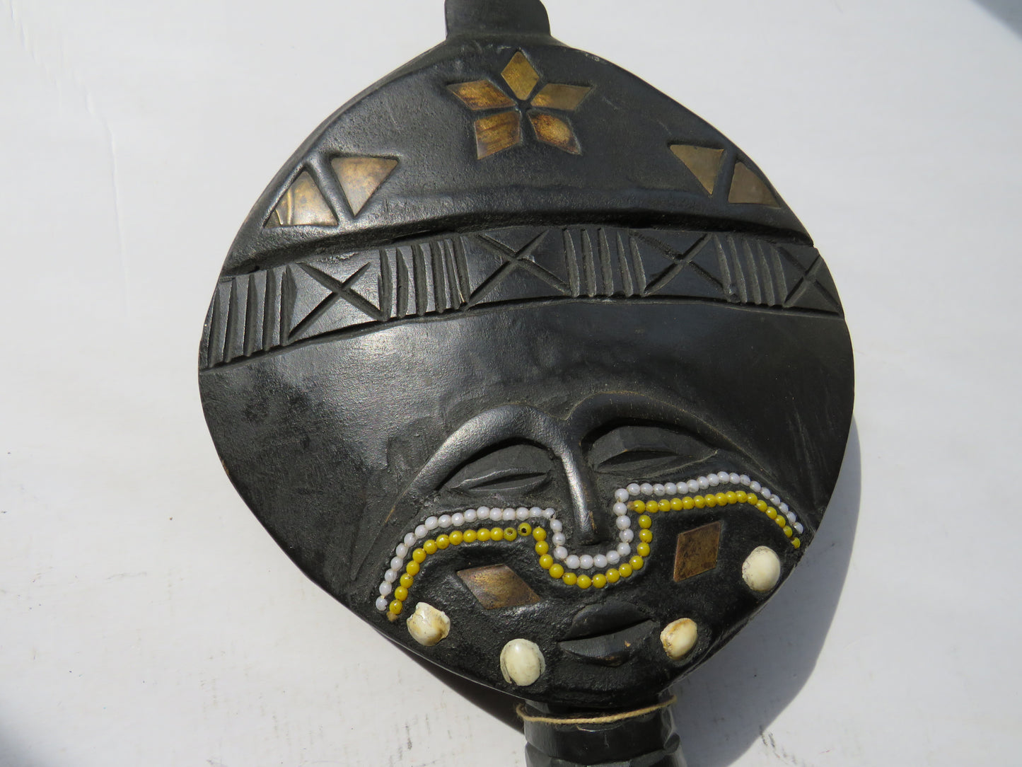 African Carved Wooden Ashanti Akuaba Female Fertility Doll Brass , Bead, Shell Inlay
