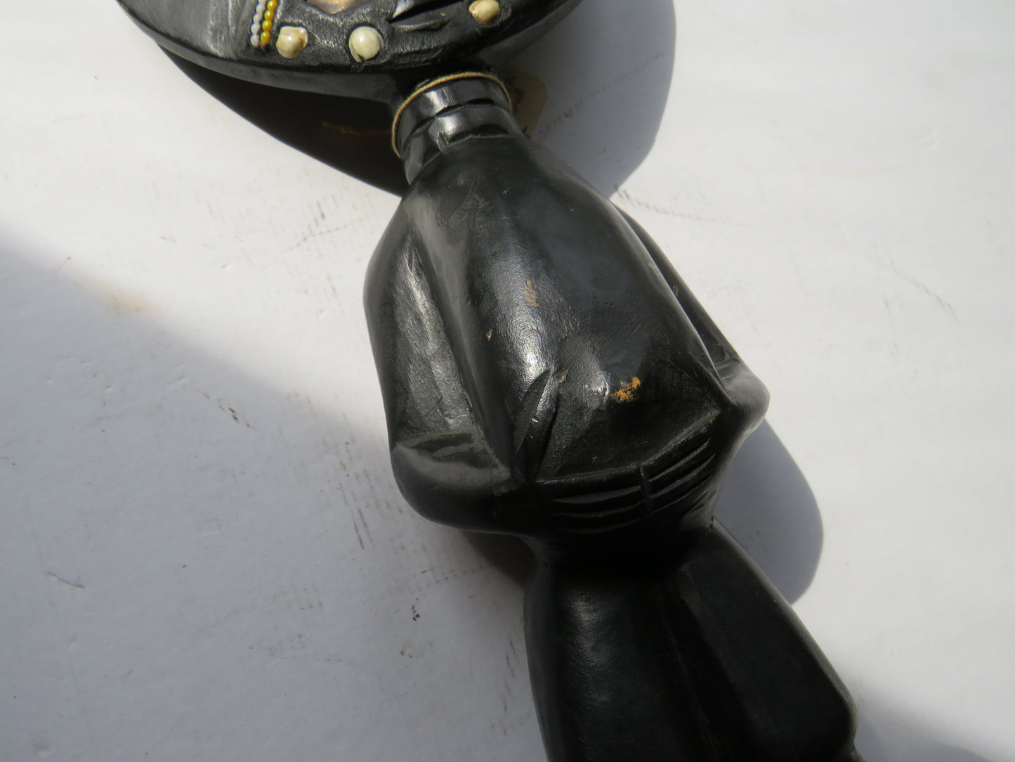 African Carved Wooden Ashanti Akuaba Female Fertility Doll Brass , Bead, Shell Inlay