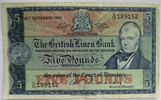 1962 The British Linen Bank £5 Five Pound Banknote D/12