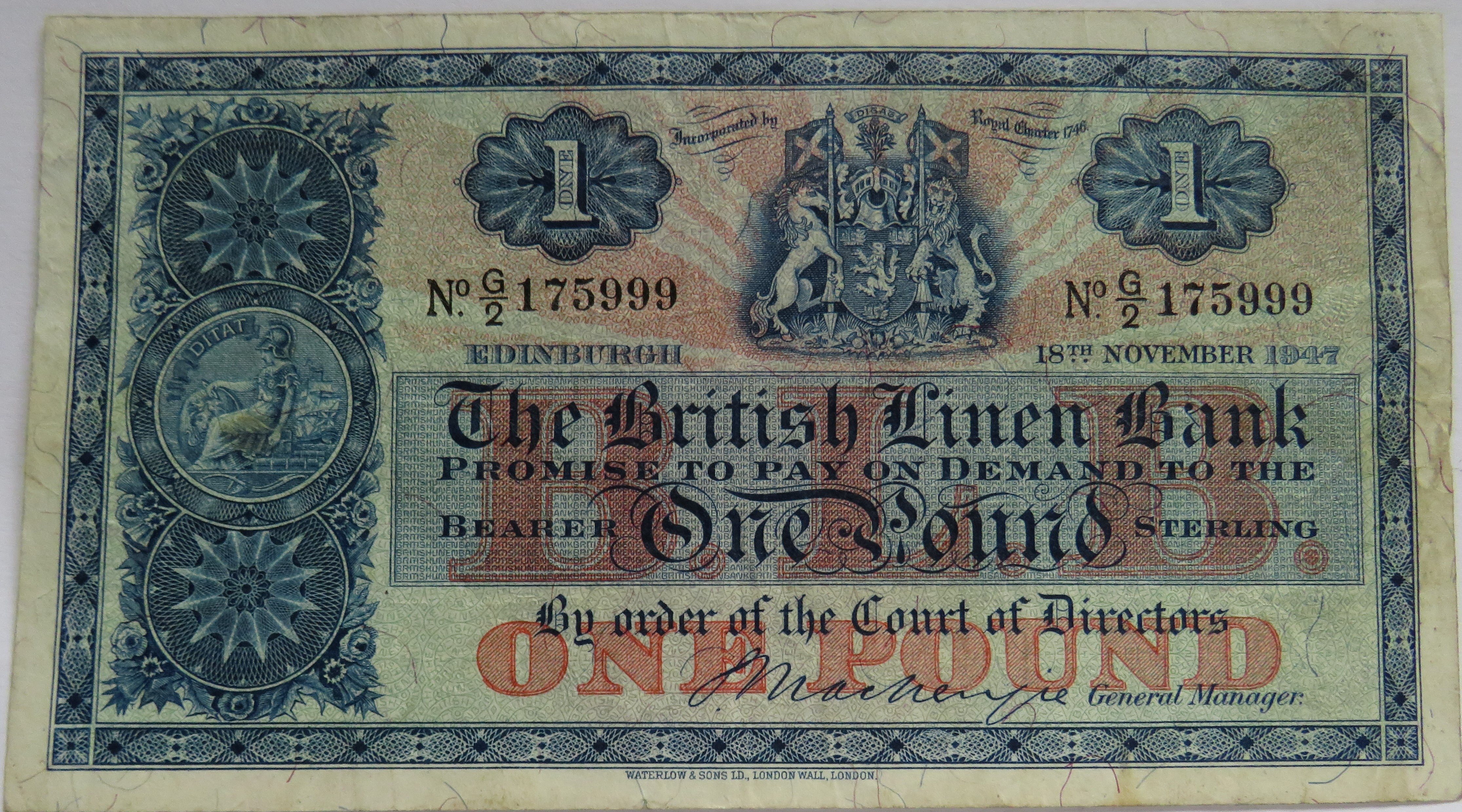1947 The British Linen Bank 1 One Pound Banknote G 2 J W B Coins 1947 The British Linen Bank 1 One Pound Banknote G 2 J W B Coins
