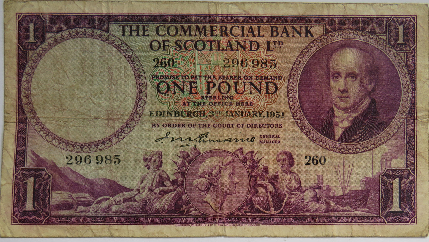 1951 The Commercial Bank of Scotland £1 One Pound Banknote