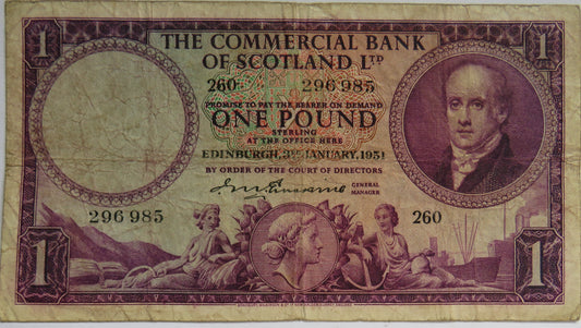1951 The Commercial Bank of Scotland £1 One Pound Banknote