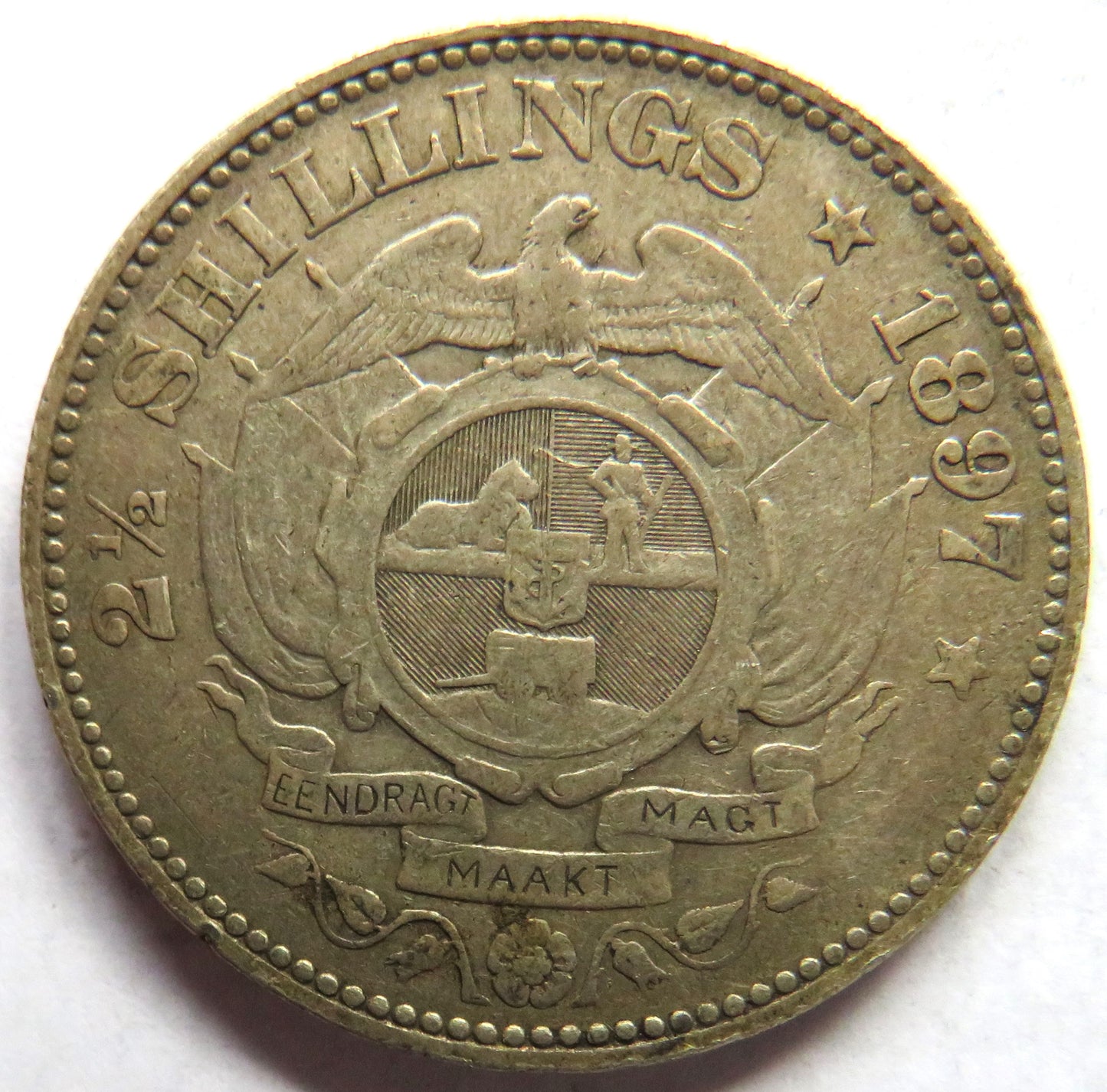 1897 South Africa Silver 2 & 1/2 Shillings Coin
