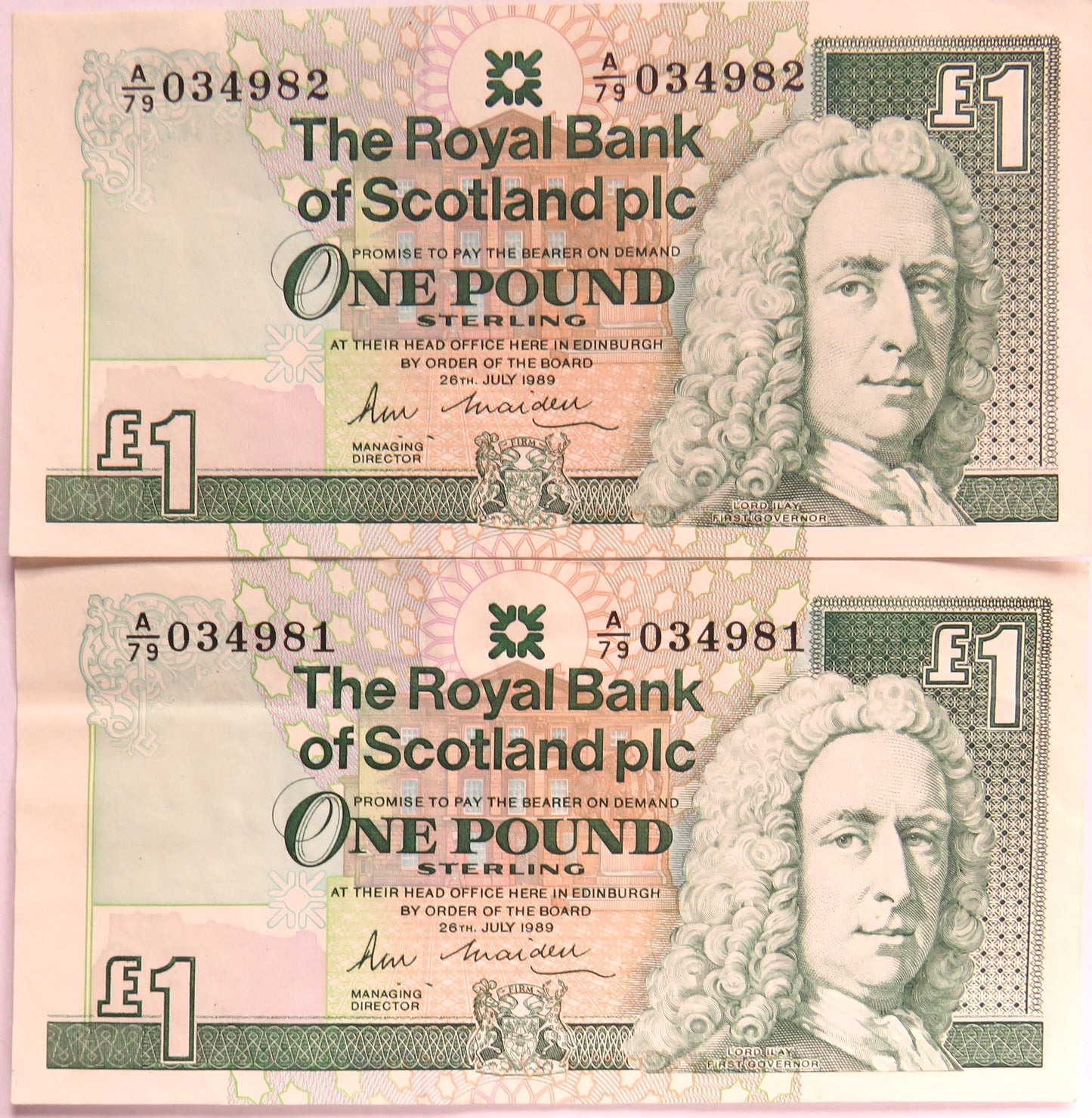Consecutive 1989 The Royal Bank of Scotland £1 One Pound Banknotes R.M. Maiden