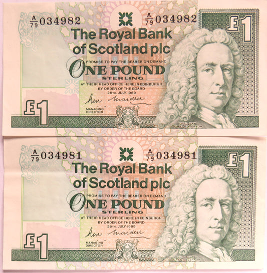 Consecutive 1989 The Royal Bank of Scotland £1 One Pound Banknotes R.M. Maiden