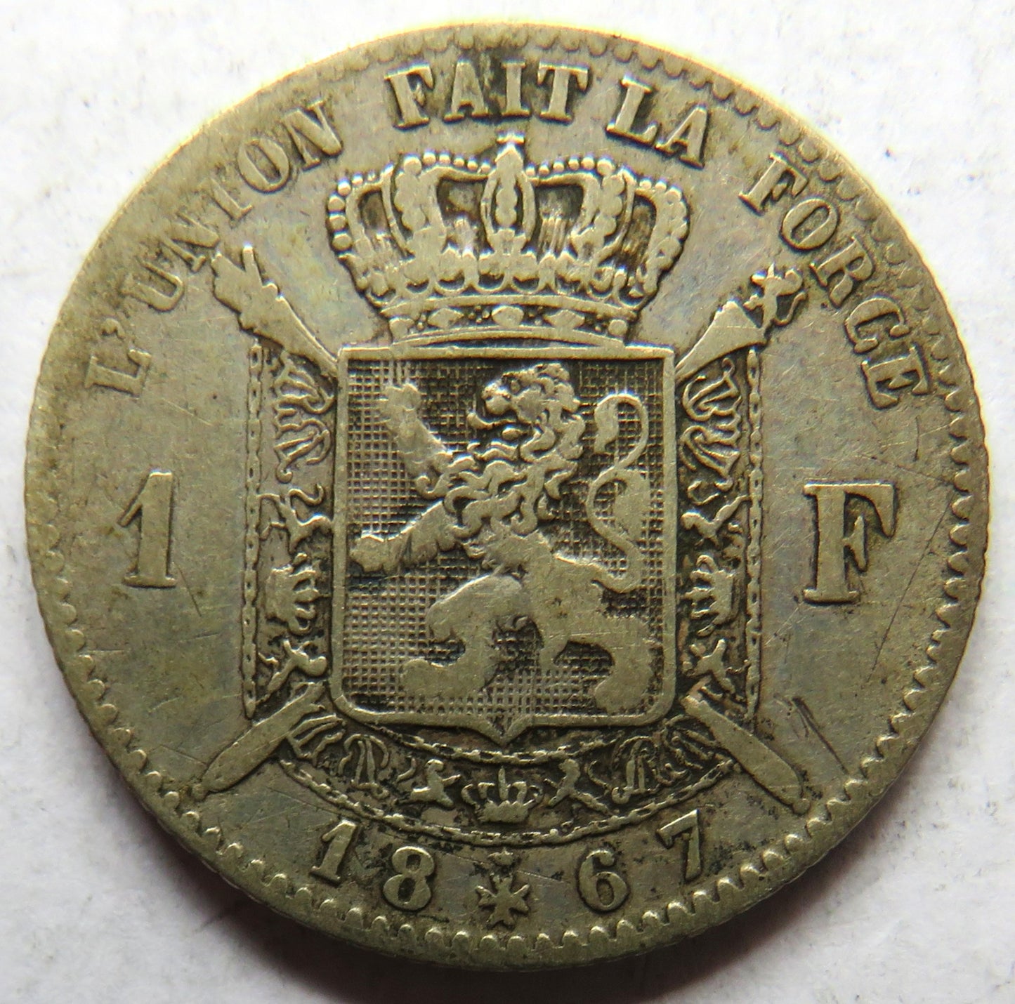 1867 Belgium Silver One Franc Coin