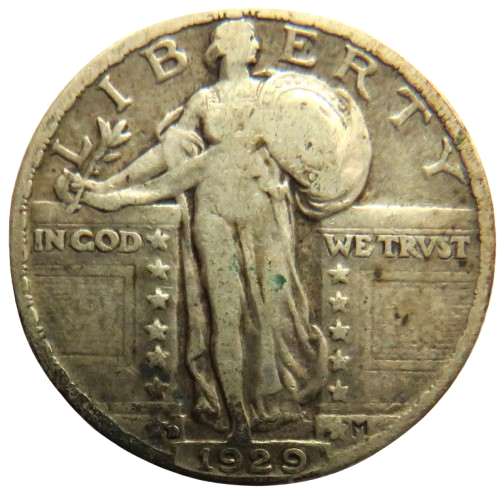 1929 USA Standing Liberty Silver $1/4 Quarter Dollar Coin