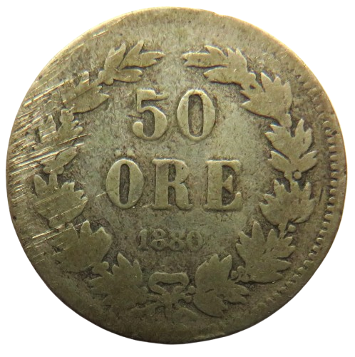 1880 Sweden Silver 50 Ore Coin