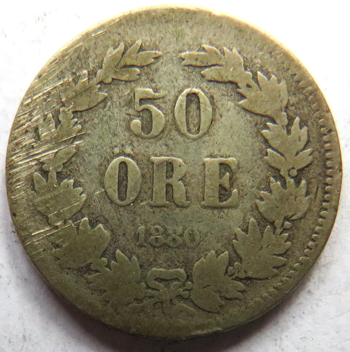 1880 Sweden Silver 50 Ore Coin