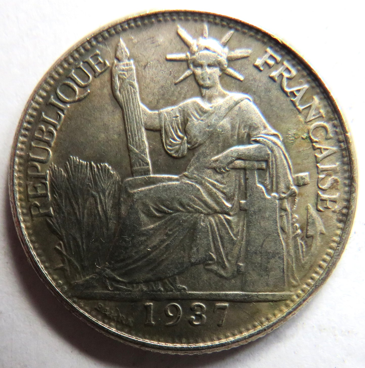 1937 French Indo China Silver 20 Cents Coin