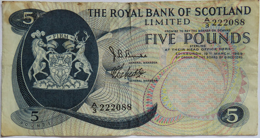 1969 The Royal Bank of Scotland £5 Banknote