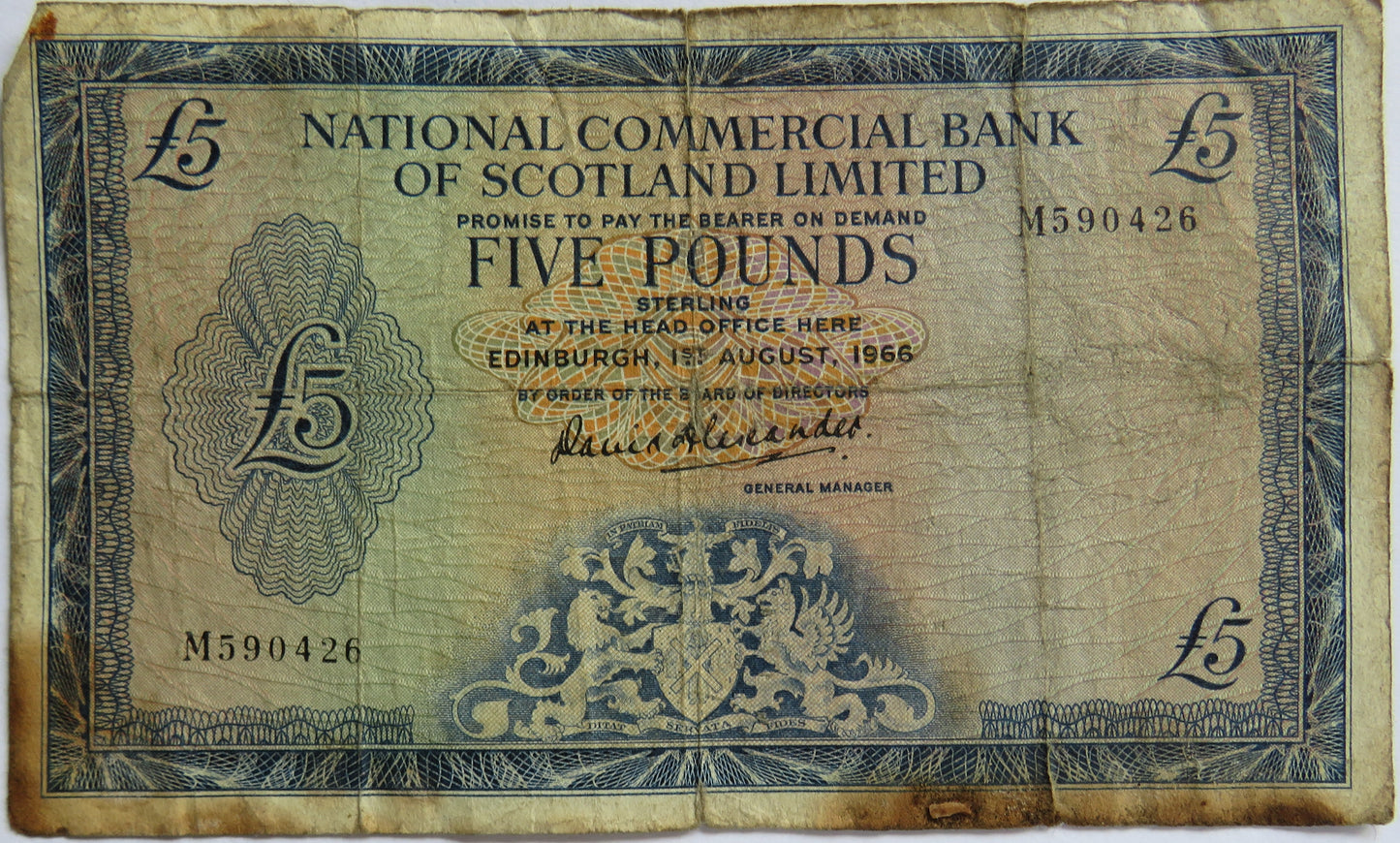 1966 National Commercial Bank of Scotland £5 Banknote