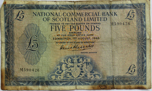 1966 National Commercial Bank of Scotland £5 Banknote