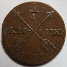 Load image into Gallery viewer, 1827 Sweden 1/4 Skilling Coin
