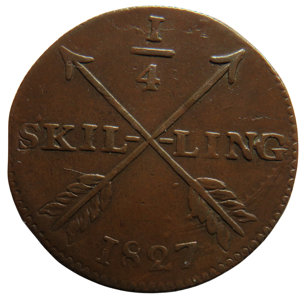 1827 Sweden 1/4 Skilling Coin