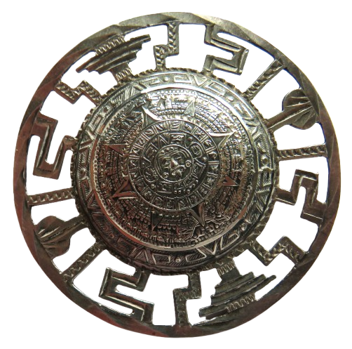 Vintage Mexican Sterling Silver Disc Brooch - Aztec - Good Size