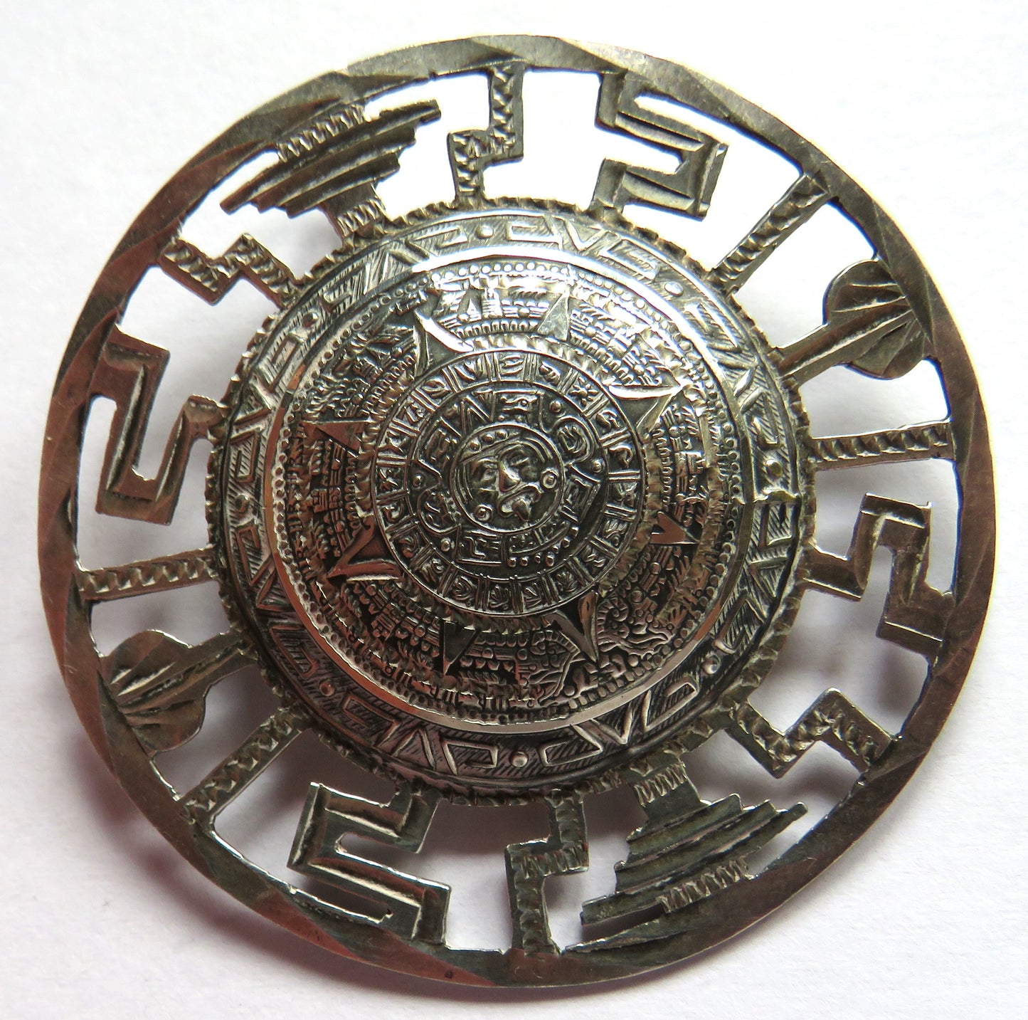 Vintage Mexican Sterling Silver Disc Brooch - Aztec - Good Size