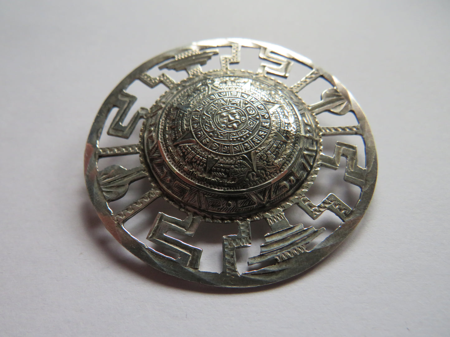Vintage Mexican Sterling Silver Disc Brooch - Aztec - Good Size