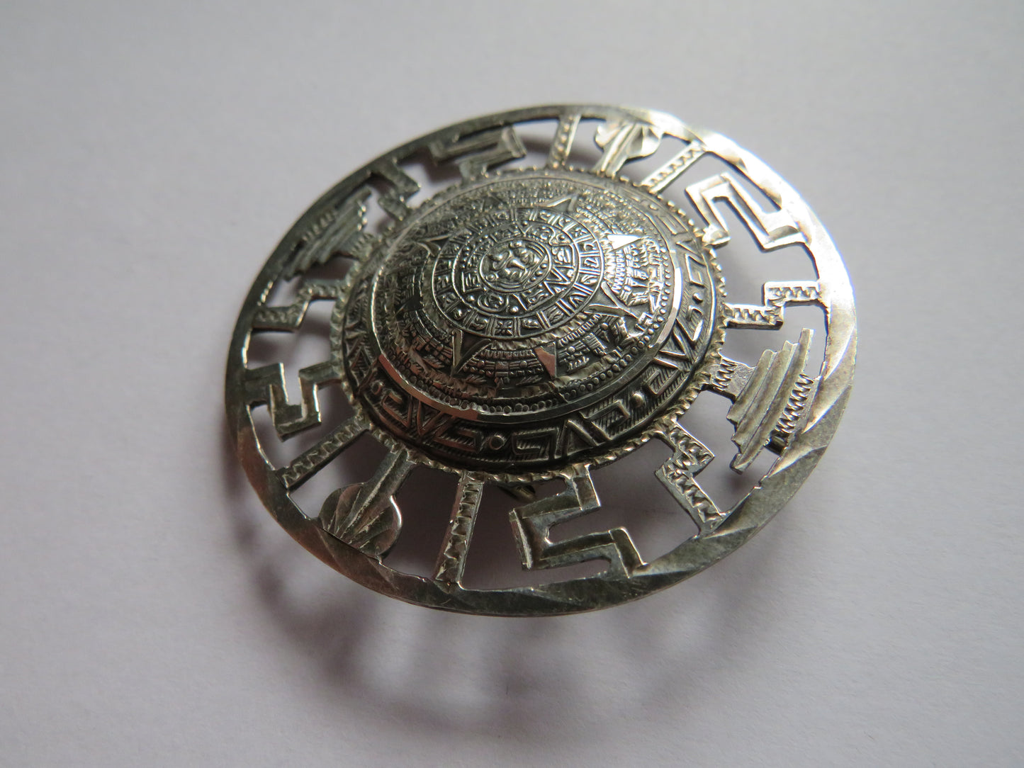 Vintage Mexican Sterling Silver Disc Brooch - Aztec - Good Size