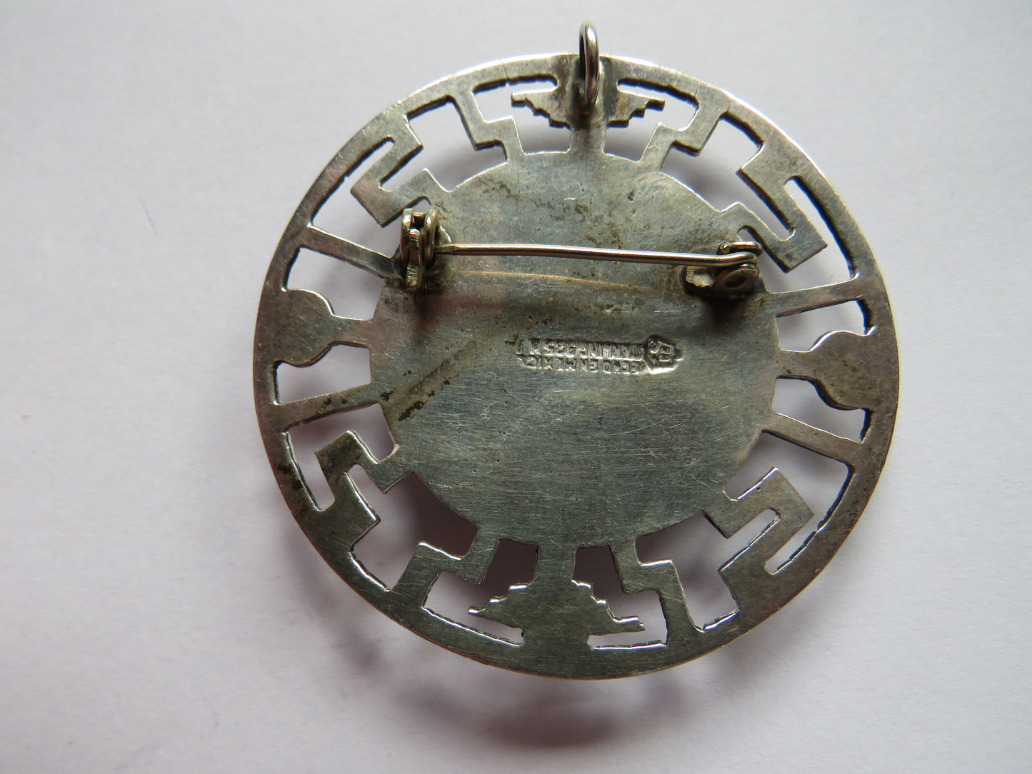 Vintage Mexican Sterling Silver Disc Brooch - Aztec - Good Size