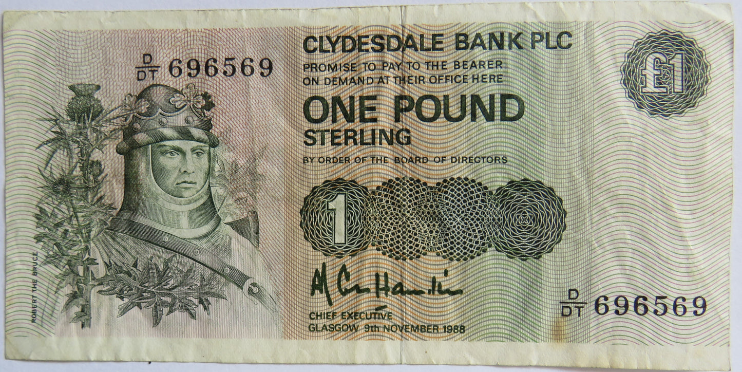 1988 Clydesdale Bank PLC £1 One Pound Banknote