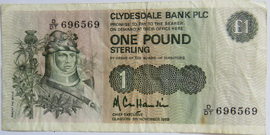 1988 Clydesdale Bank PLC £1 One Pound Banknote