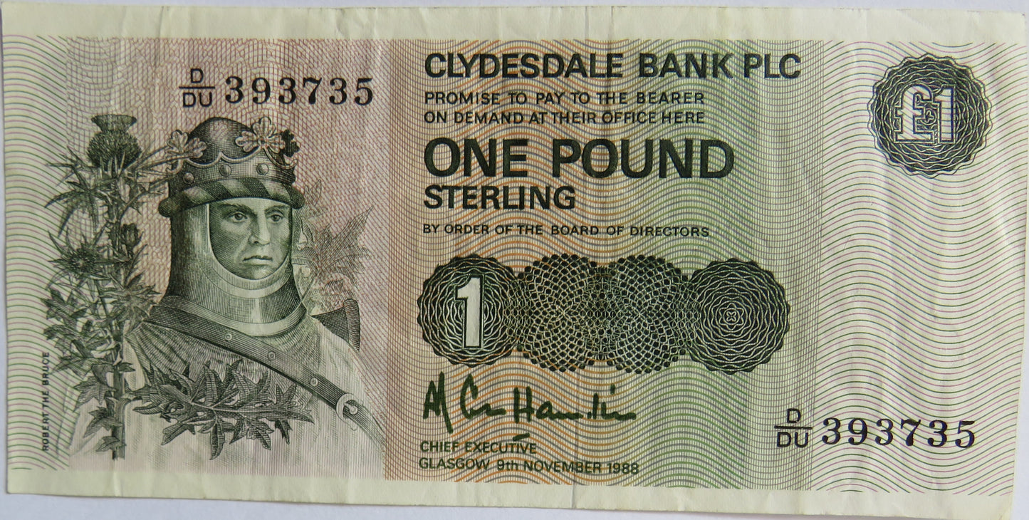 1988 Clydesdale Bank PLC £1 One Pound Banknote