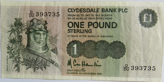 1988 Clydesdale Bank PLC £1 One Pound Banknote
