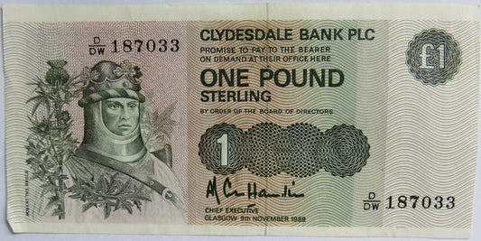 1988 Clydesdale Bank PLC £1 One Pound Banknote