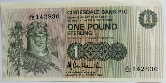 1985 Clydesdale Bank PLC £1 One Pound Banknote