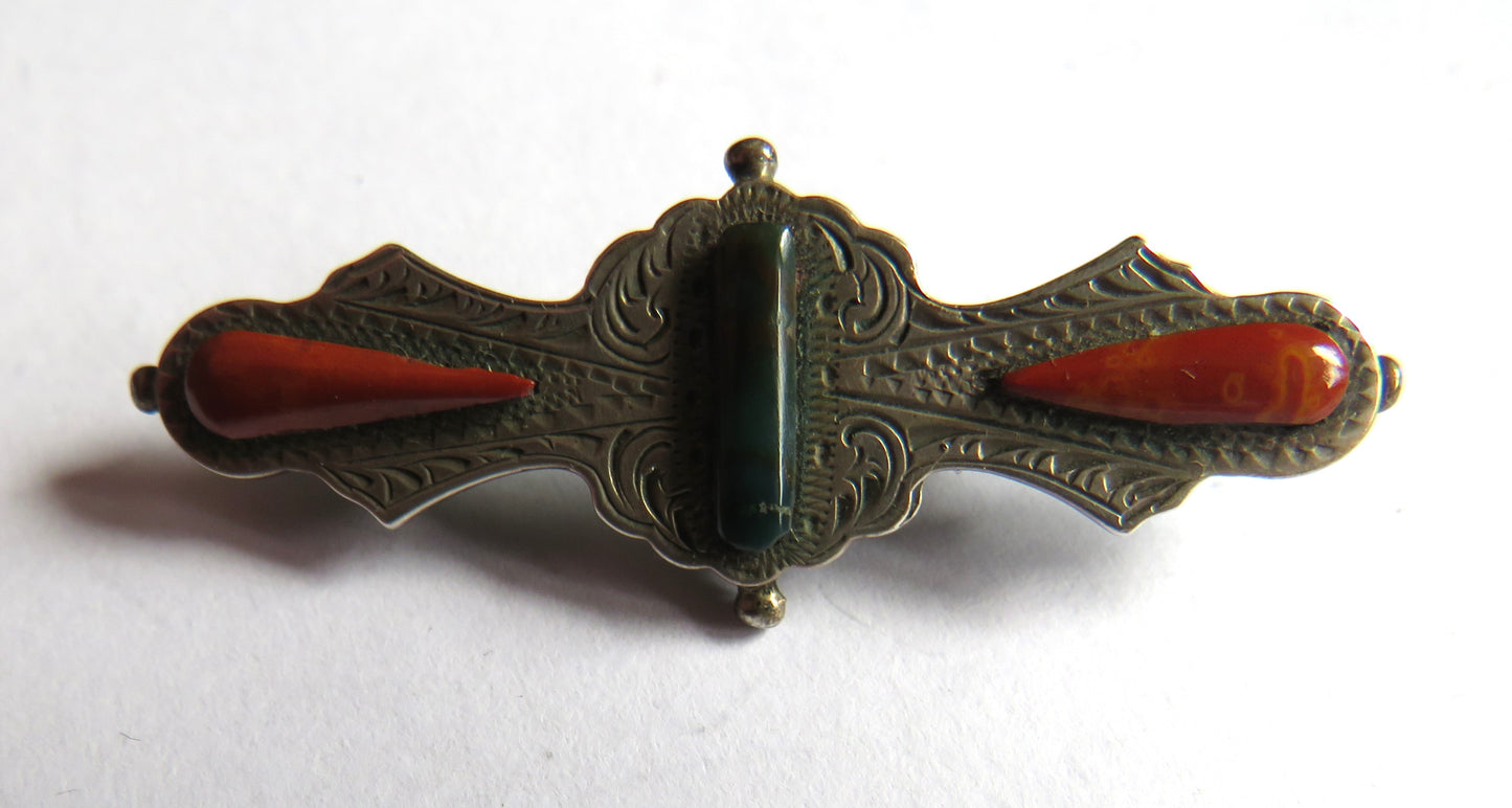 Antique Scottish White Metal & Agate Brooch