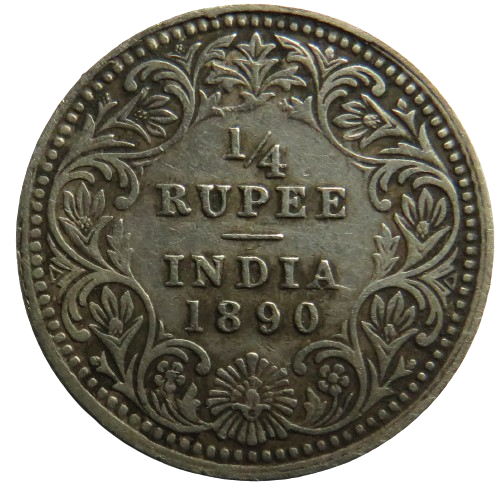 1890 Queen Victoria India Silver 1/4 Rupee Coin