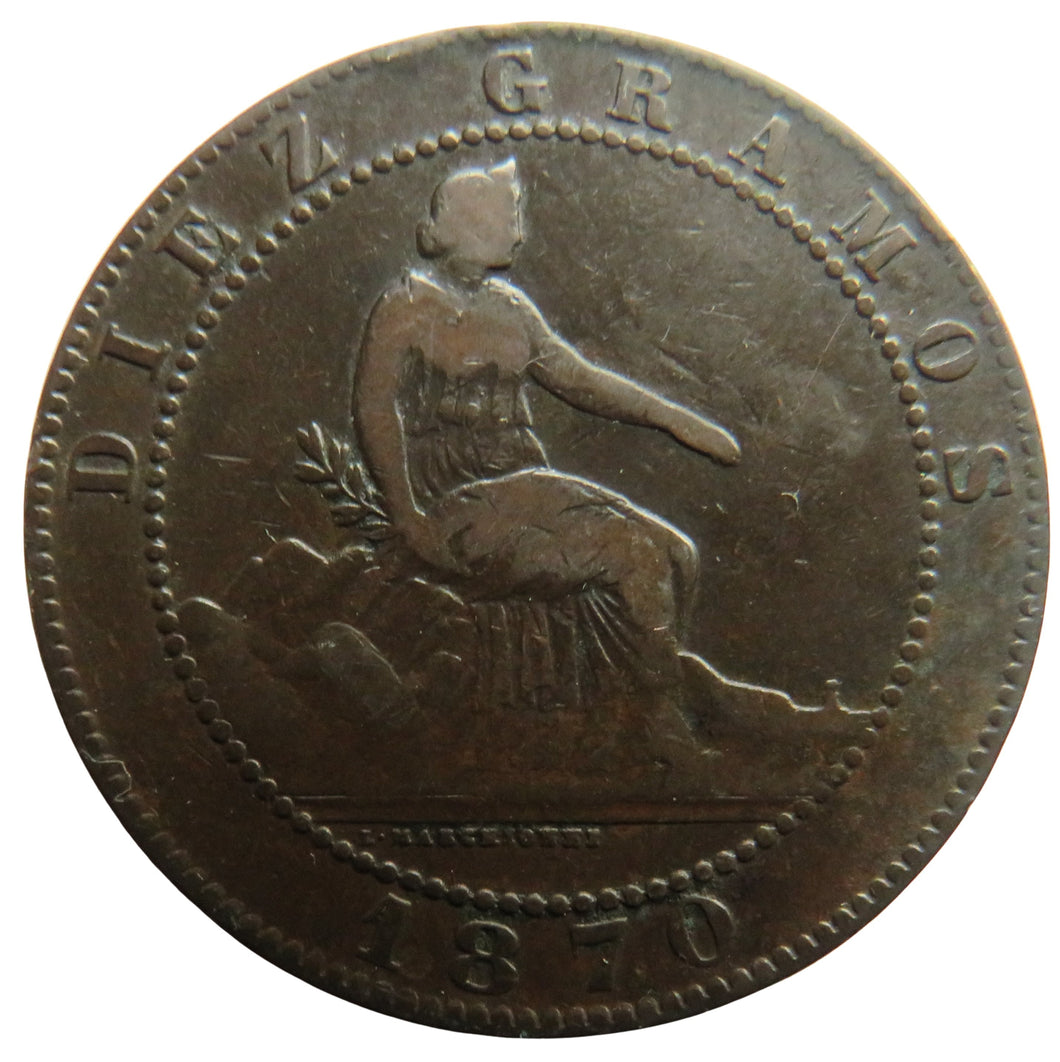 1870 Spain 10 Centimos Coin